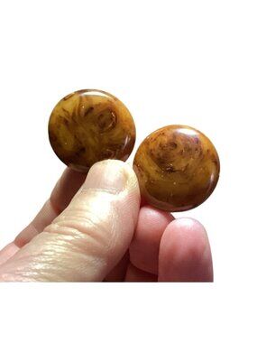 Vintage Brown Marbled Mississippi Mud Bakelite Button Pierced Earrings *TESTED*